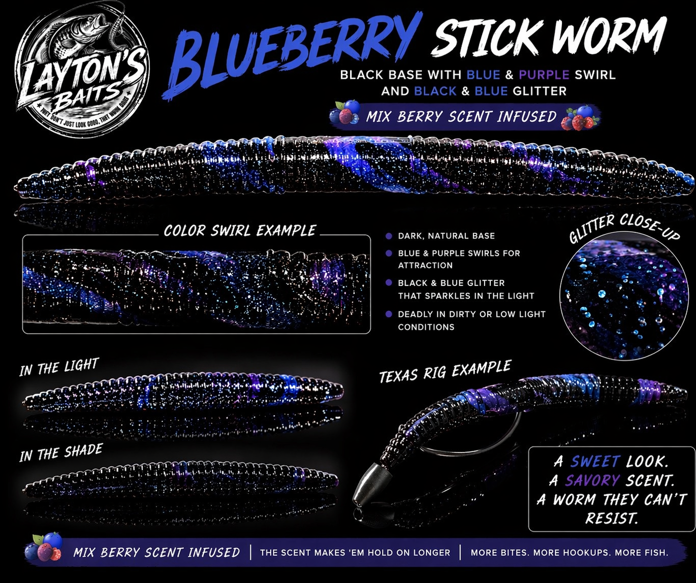Layton's Baits Blueberry 5-inch stick worm